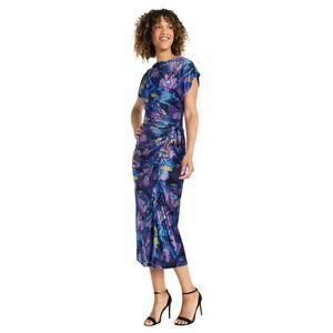 Maggy London Midi Dress Floral Velvet Asymmetrical Cocktail Drape Purple Size 14
